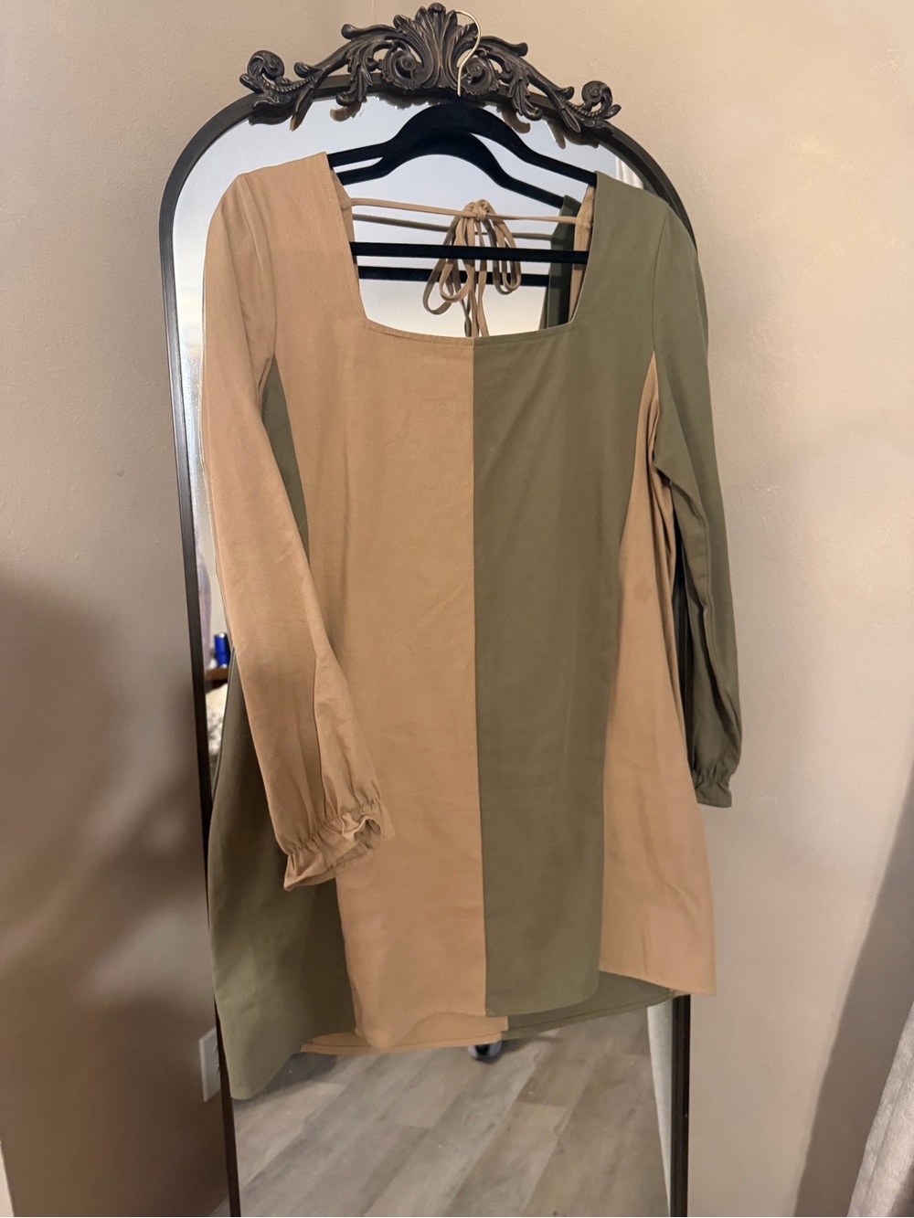 Two-Tone Square Neck Long Sleeve Dress - Tan & Olive